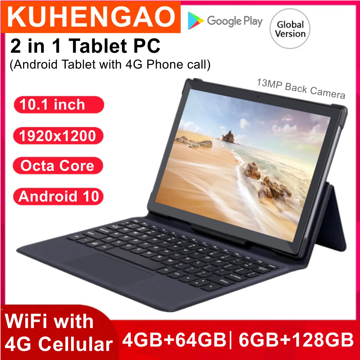 

2 in 1 Tablet 1920x1200 Pc 10.1 inch Android 4GB/ 6GB-RAM Octa-Core ROM64GB/128GB Type-C