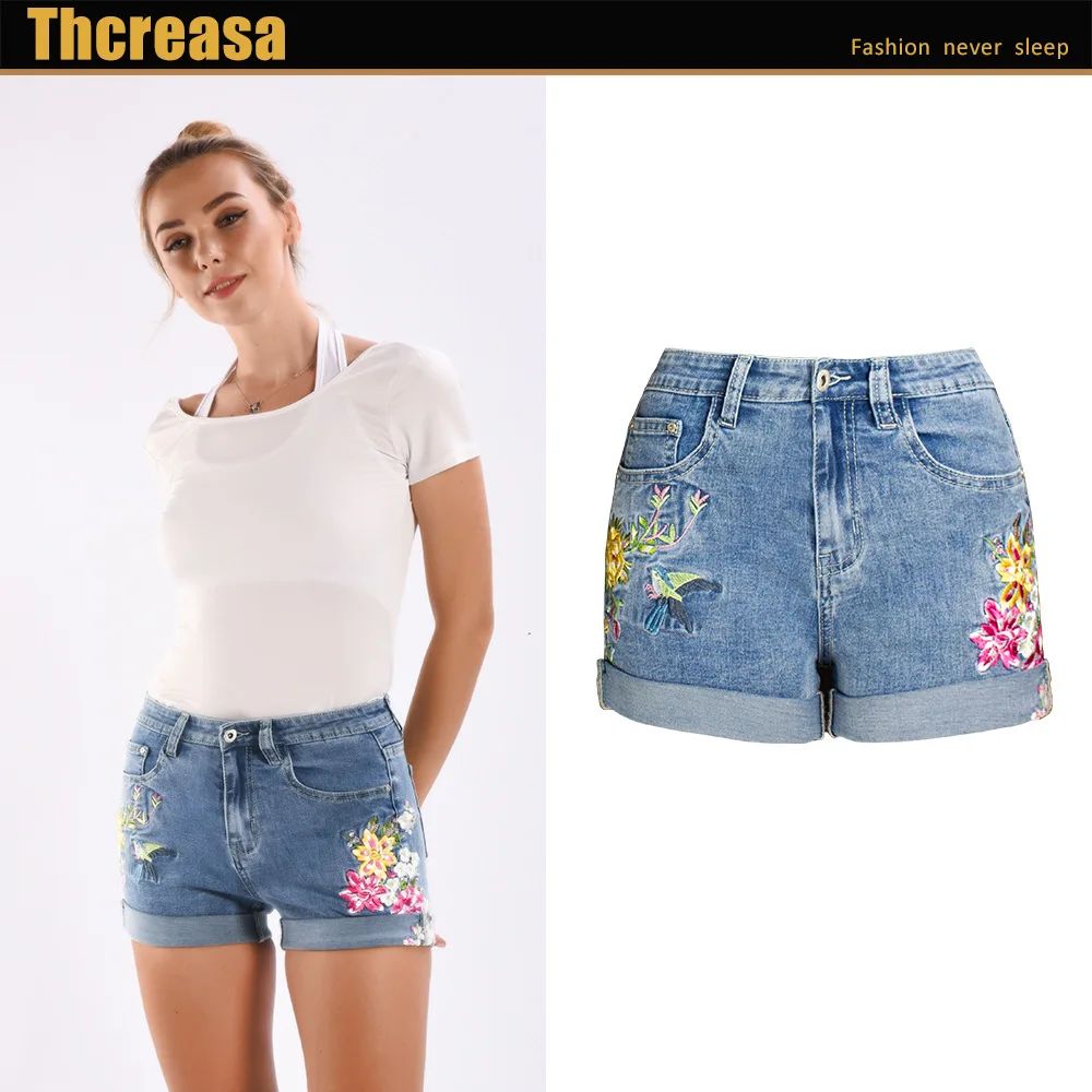 New Women Wide-leg Jeans Stretch Shorts Large size Women's 3D   Embroidery Flowers Denim Shorts