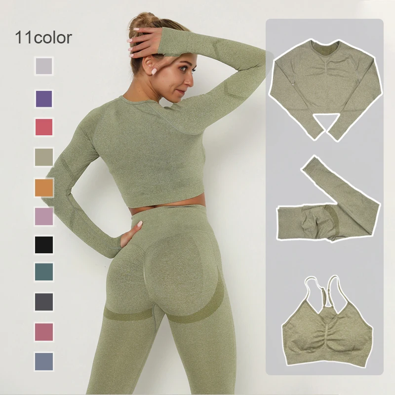 

Gym Clothes Sport Suit SkinnyTracksuit Breathable Bra Long Sleeve Top Seamless Outfits High Waist Push Up Leggings Women's Sets