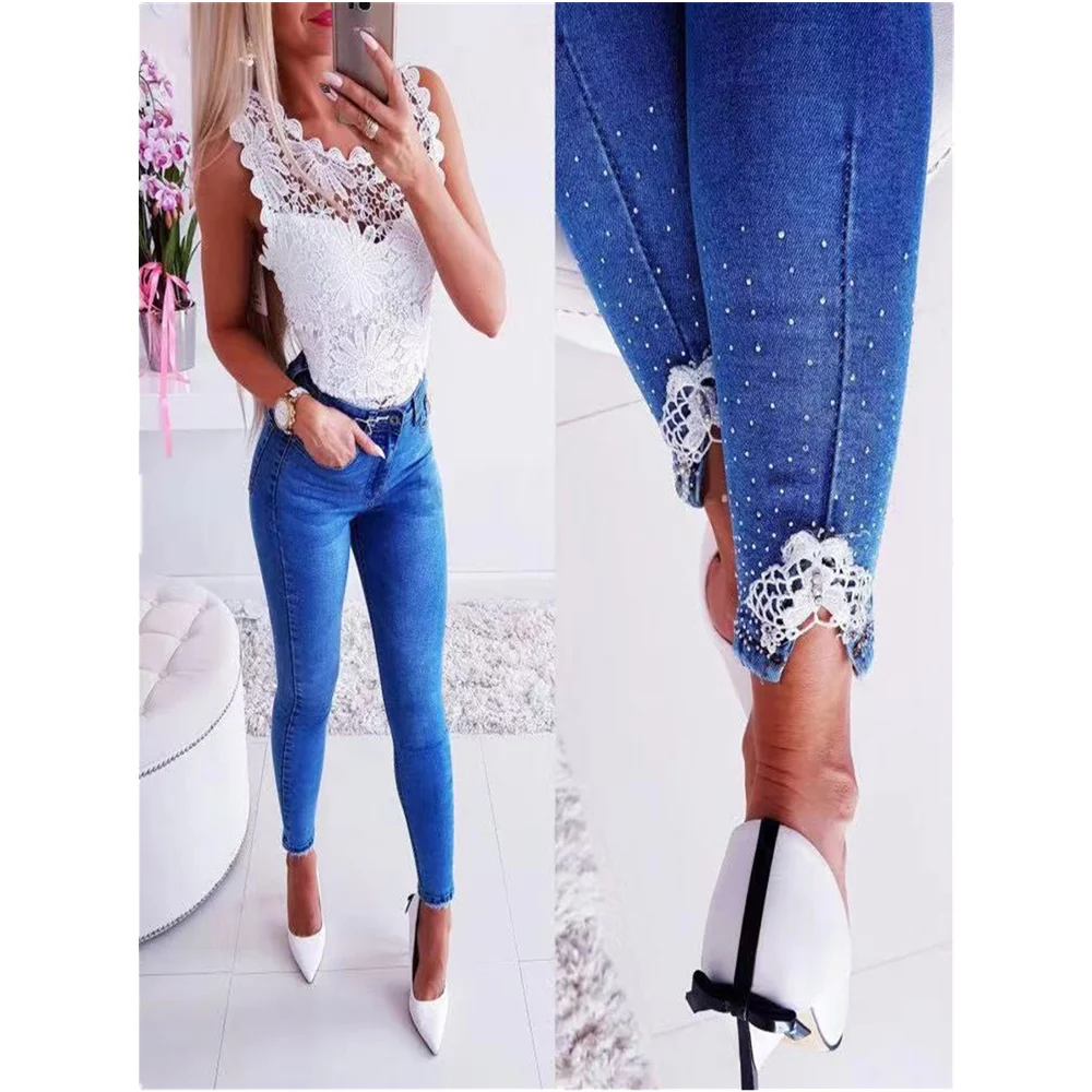 2021 Summer Women's Jeans Mid-waist Slimming Elastic Embroidered Flares Jeans Beading Pencil Pants Denim Joggers Women