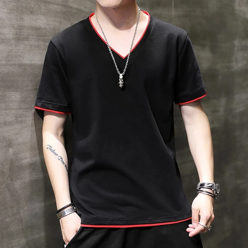 

2021 men's V-neck short-sleeved T-shirt two-piece fake cotton T-shirt solid color summer