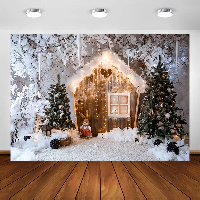 

Зимний фон для фотографии Рождество снег заморозить дом Рождественская елка новорожденный портрет фоны для фотостудии