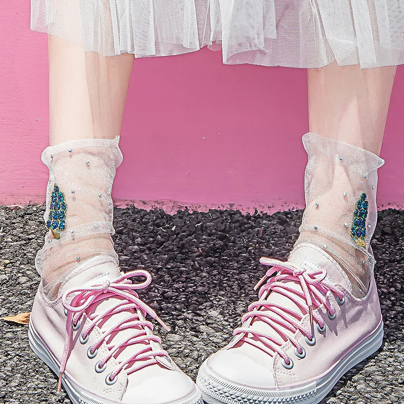 Женские сетчатые носки тонкие прозрачные с блестками Длинные забавные со