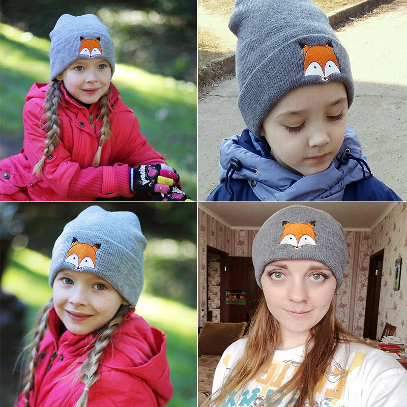 IMucci симпатичная Зимняя шерстяная шапка с лисой женская черная серая белая