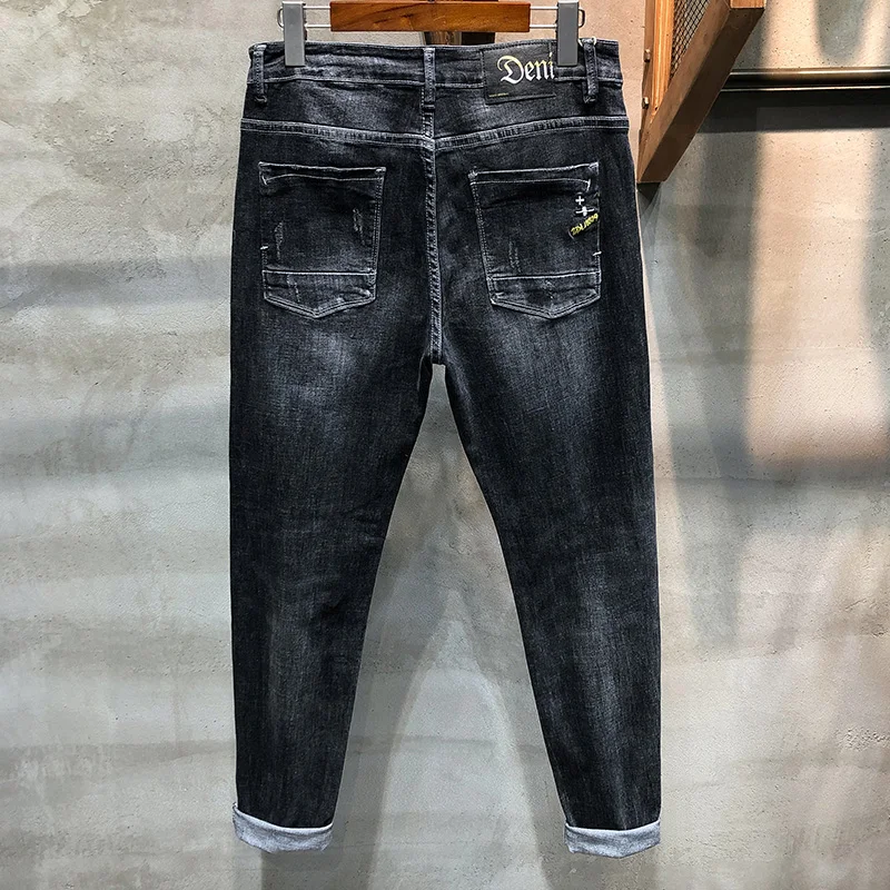 Мужские обтягивающие джинсы темно-серые весенние и осенние Стрейчевые мужские