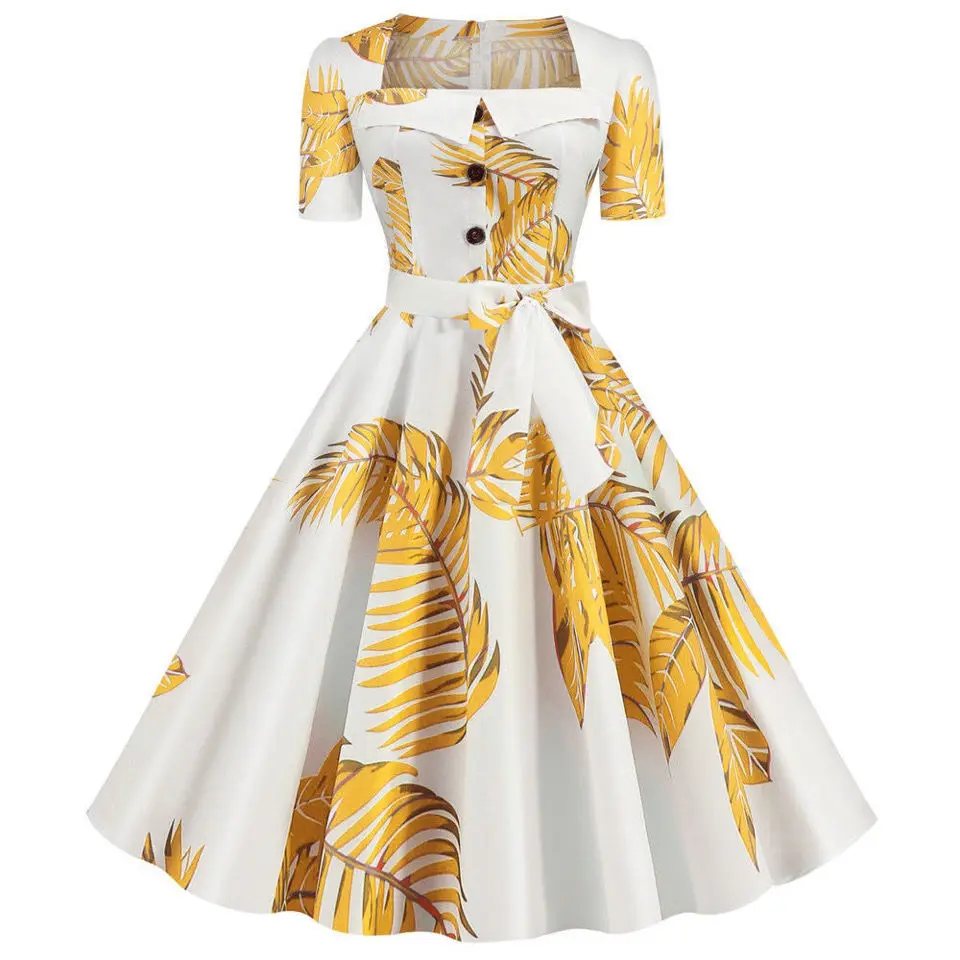 

Autumn New Short Sleeve Square Collar Printed Dress A-Line Retro Big Swing Women Plus Size Dress Elegant Bow Bandage Dresses