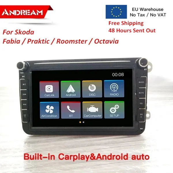 8 &quotАвтомобильный мультимедийный плеер 2 Din с CarPlay и Android авто для Skoda Fabia Praktic