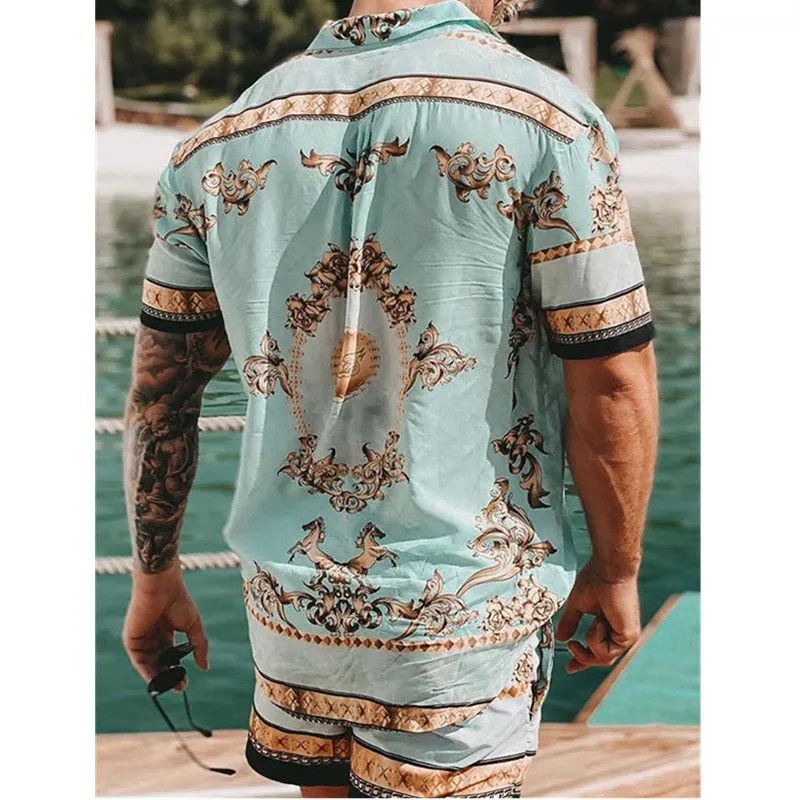 

Men Sets Printing 2021 Summer Short Sleeve Button Cardigan Shirt Beach Shorts Streetwear Hawaiian Casual Mens Suit 2 Pieces