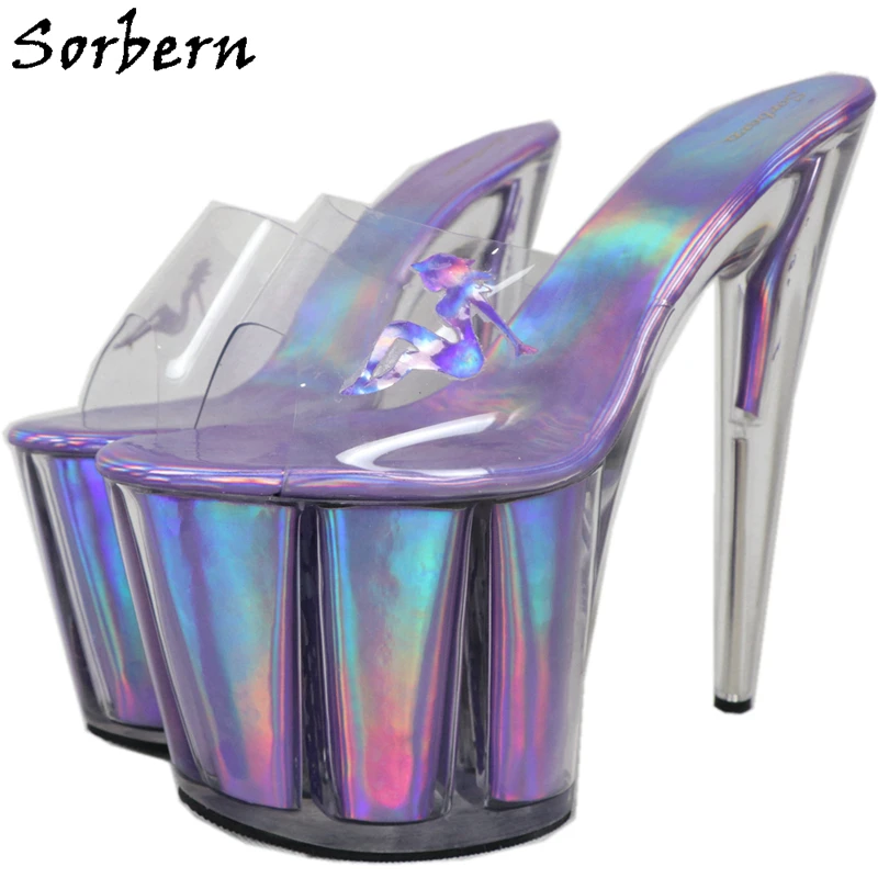 Женские босоножки тапки с голографическим рисунком на высоком каблуке|Тапочки| |