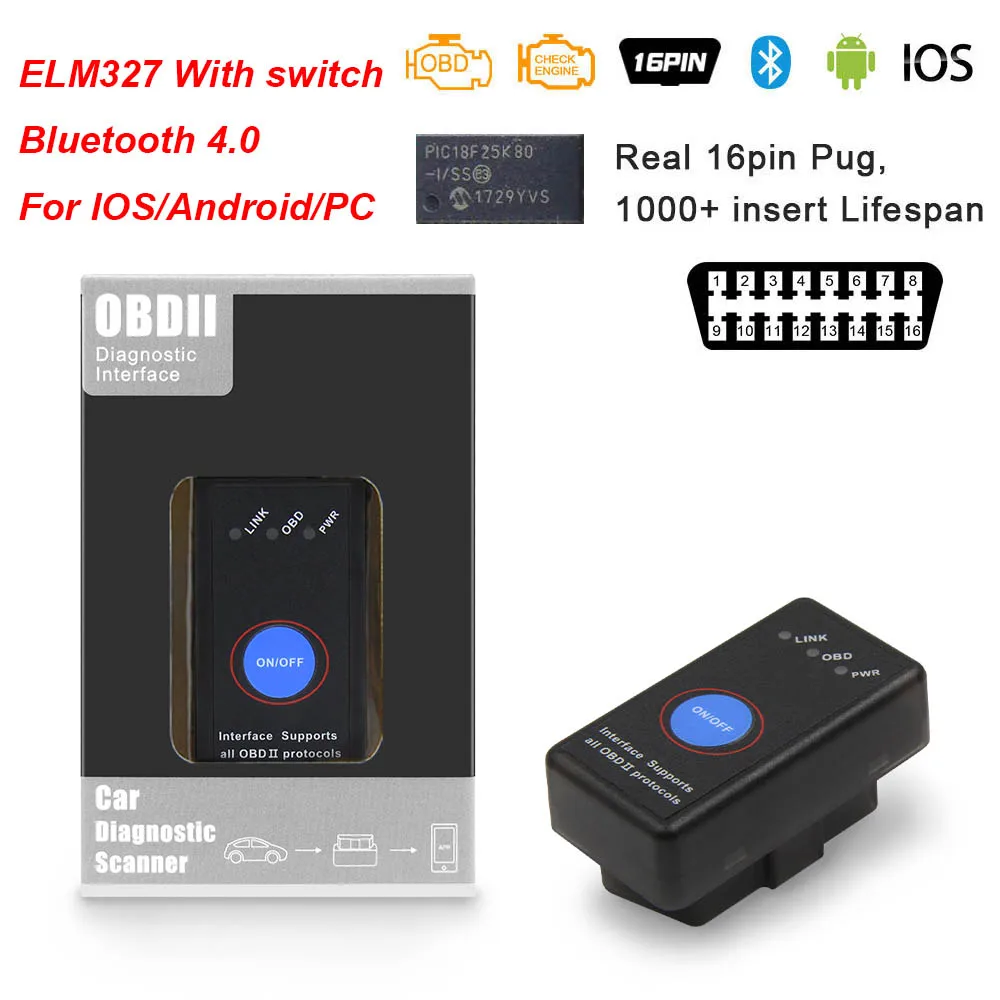 Bluetooth 4.0 Switch ELM 327 V1.5 PIC18F25K80 Wi-Fi OBD2 Bluetooth wifi сканер ELM327 V1.5 для Android/IOS OBD 2 OBD2 автомобильный диагностический автоматический инструмент - Цвет: Bluetooth 4.0 Switch