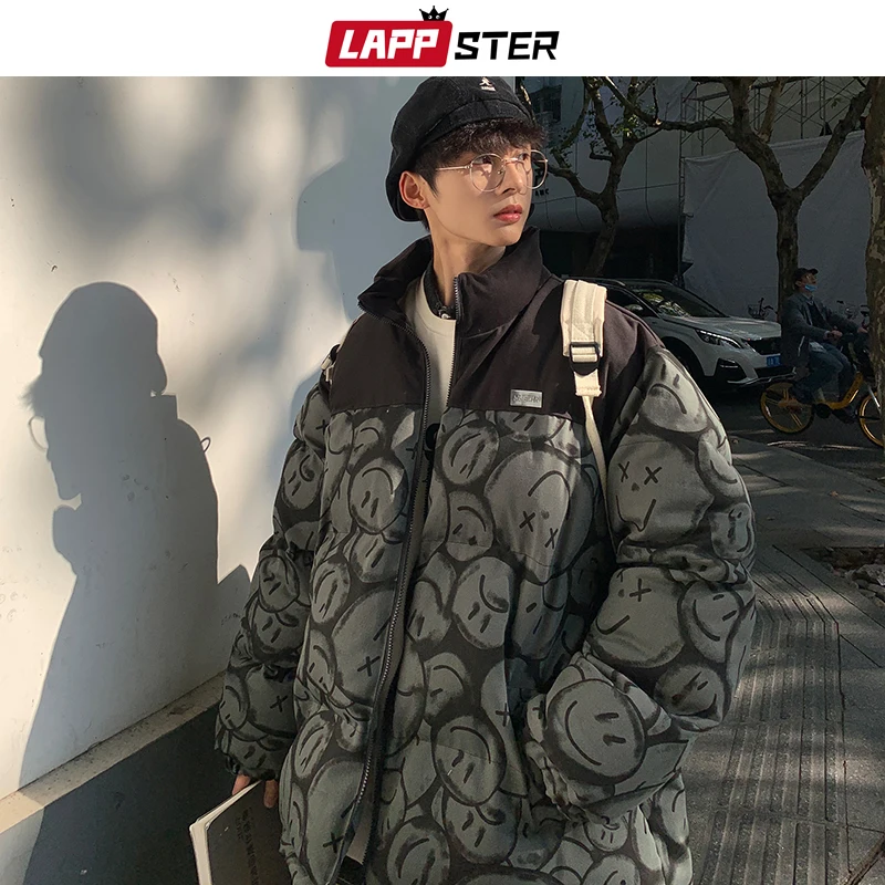 LAPPSTER Men Japanese Streetwear Puffer Jackets 2022 Winter Mens Full Print Fashions Bubble Coat Couple Patchwork Thick Parkas