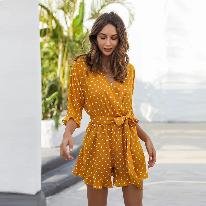 

Ladies Spring Summer V Neck Puff Sleeve All Match Playsuits 2021 New Women's Playsuit With Waistband Polka Dot Print Female