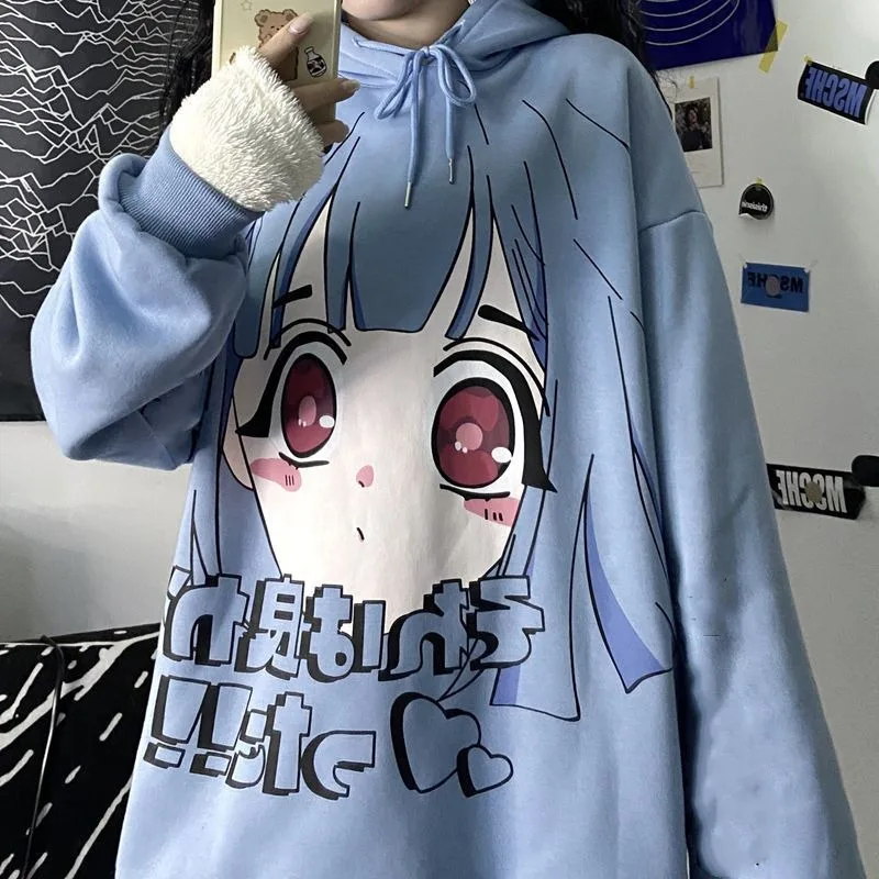 QWEEK Goth Harajuku Hoodie Punk Anime Oversized Sweatshirt Graffiti Hoodies Women Cartoon Print Hoodie 2021 Streetwear Women images - 6