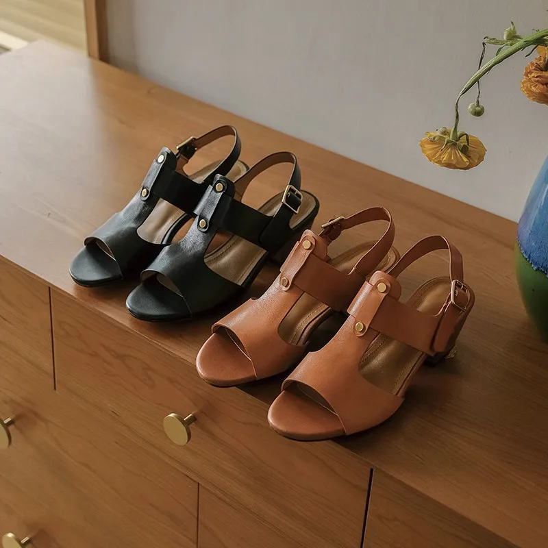 

smeeroon 2020 top quality genuine leather shoes women sandals buckle square heel vintage simple summer sandals ladies black