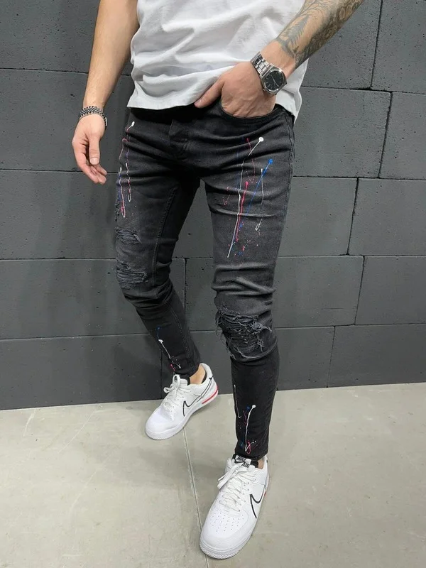 Men Skinny Ripped Stretch Fashion Jeans  Elastic Paint Men Punk Pants Scratched High Quality  Streetwear Hip Hop Jeans