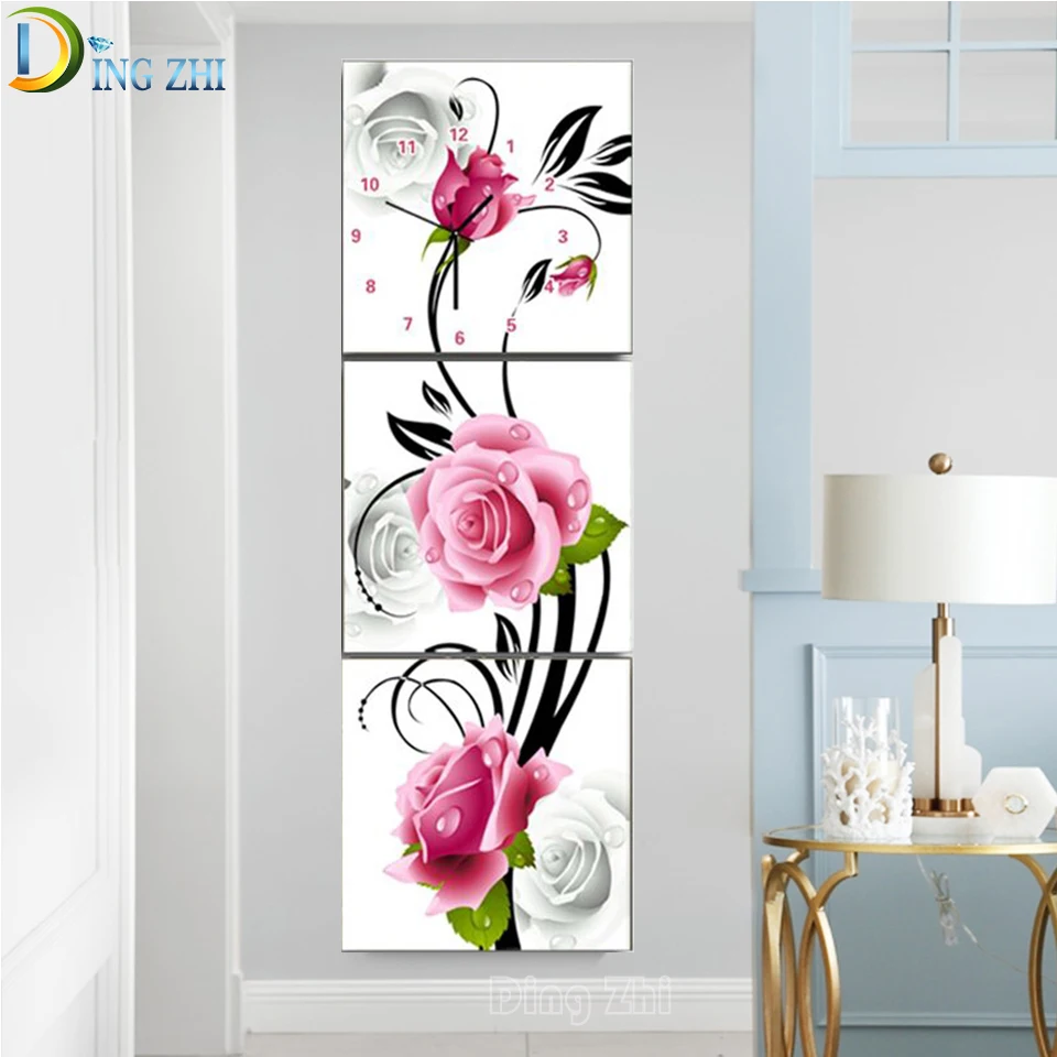 

3 Pieces "Pink Rose, Clock" Hallway Wall Art Diamond Paintings Full Square/Round Triptych Diamond Embroidery Modern Simplicity