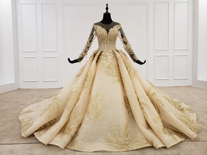 BGW золотые кружевные свадебные платья принцессы с круглым вырезом и блестками