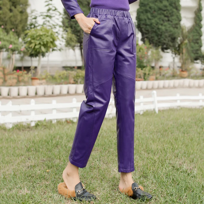 

Spring New Women Elastic Waist Trousers Streetwear Ladies Casual Big Pocket Real Leather Harem Pants Multi Color Female