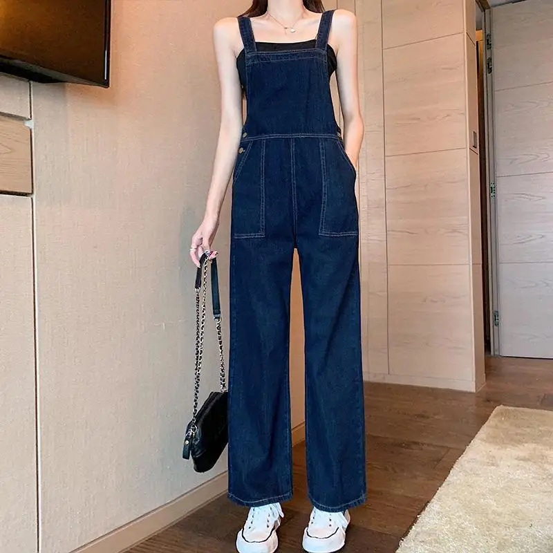

Navy Blue Denim Suspenders Women's Korean Loose Spring Straight High Waist Slim Jumpsuit Wide Leg Pants Fashion Clothes 2021