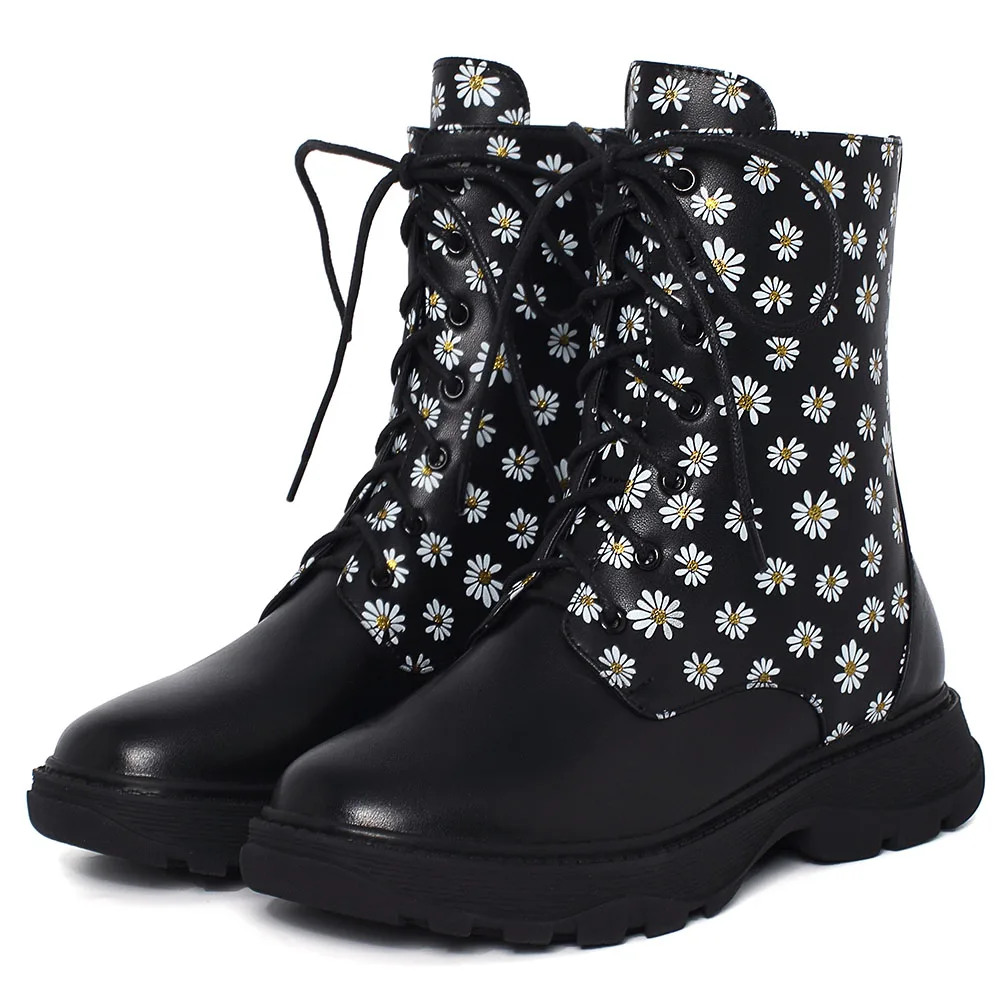 

Sarairis 2020 Fashion Flowers Motorcycle Boots Woman Shoes Genuine Leather Strange Style Lace-Up Comfortable Ankle Boots Female