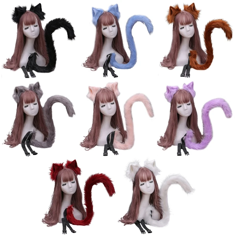 

Adult Kids Simulation Flurry Plush Kitten Ears Headband with Furry Fake Animal Long Tail Set Solid Color Anime Halloween M7DD
