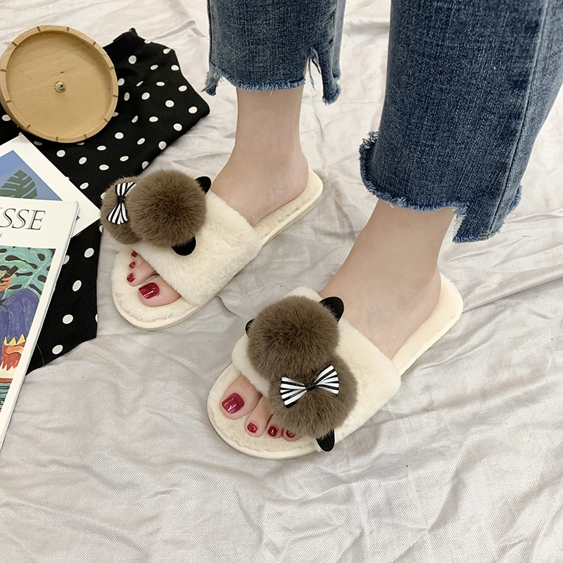 2021 New Winter Home Slippers Women Warm Cotton Lovely Fabric Slipper Indoor Mute Non-slip Bear Ears Flat Women Shoes Fur Slides