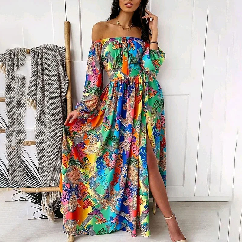 

Plus Size Maxi Dresses For Women Loose Vintage Printed Retro Long Sleeve Slit Party Beach Dress Ladies Casual Elegant Dress 2021
