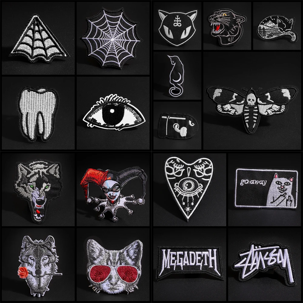 

Punk Wolf Leopard head Spider patches of black animals,Eey,clown,Tooth, cat, applique, ironing, bullet tooth, denim badges