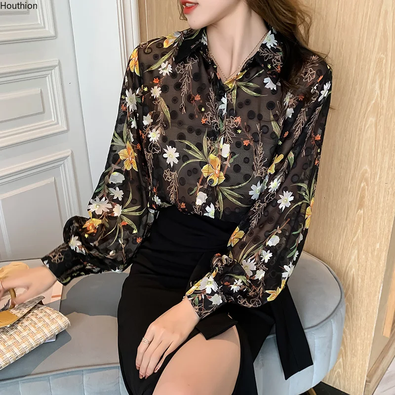 

Women's Blouse Summer Tops Polo Shirt Casual Shirts Chiffon Blouses Fashion Top Long Sleeve Printing Ship Immediately