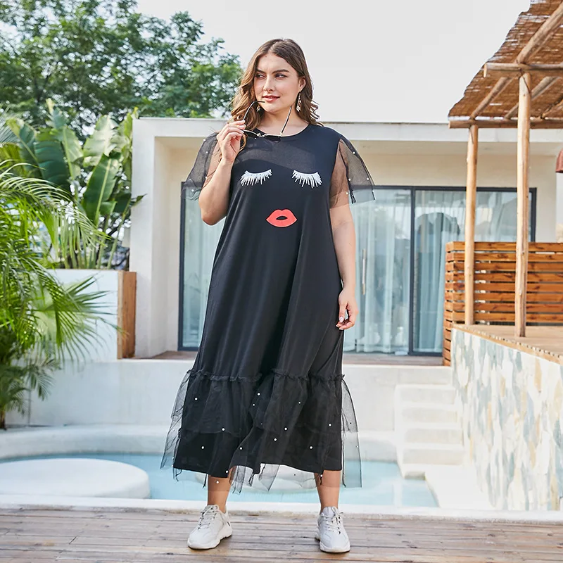 Новое летнее платье средней длины большого размера для женщин с коротким рукавом