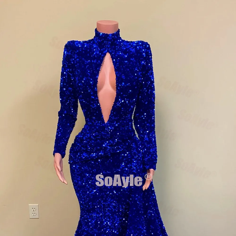 SoAyle Sexy Chest Drop-Shaped Split 2020 Prom Dress long Sleeves Mermaid African Blue Sequins Women's Prom Dresses