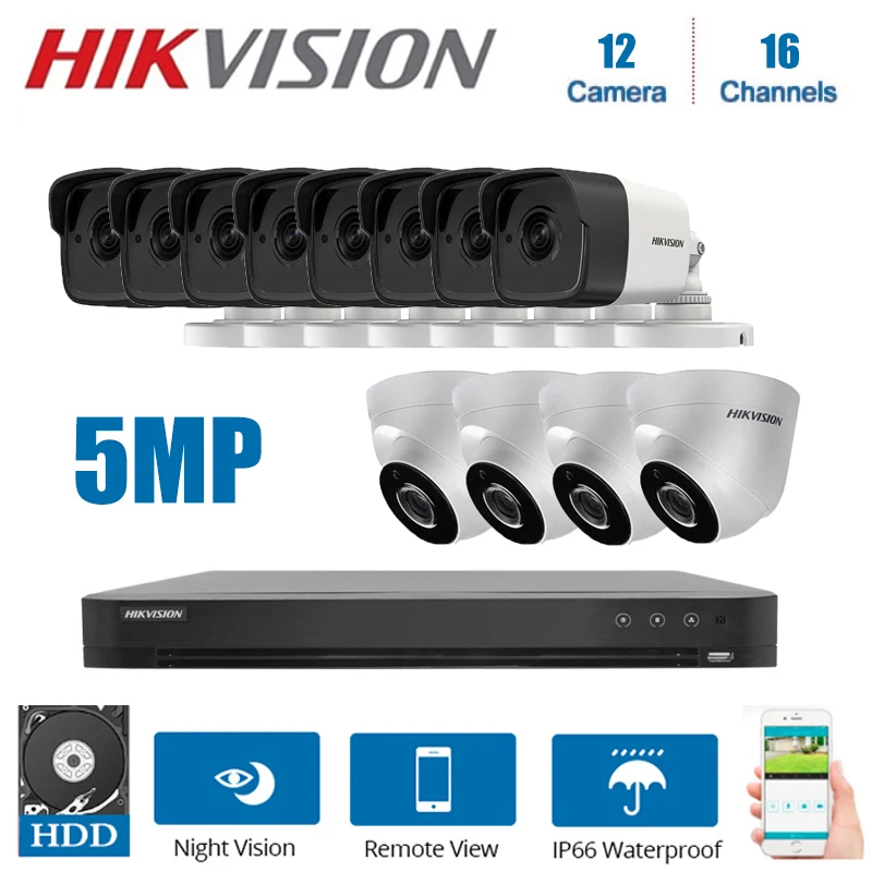 Hikvision 16CH DVR видеонаблюдение и 4PCS DS-2CE56H0T-IT3F 8PCS DS-2CE16H0T-ITF 5MP комплект системы