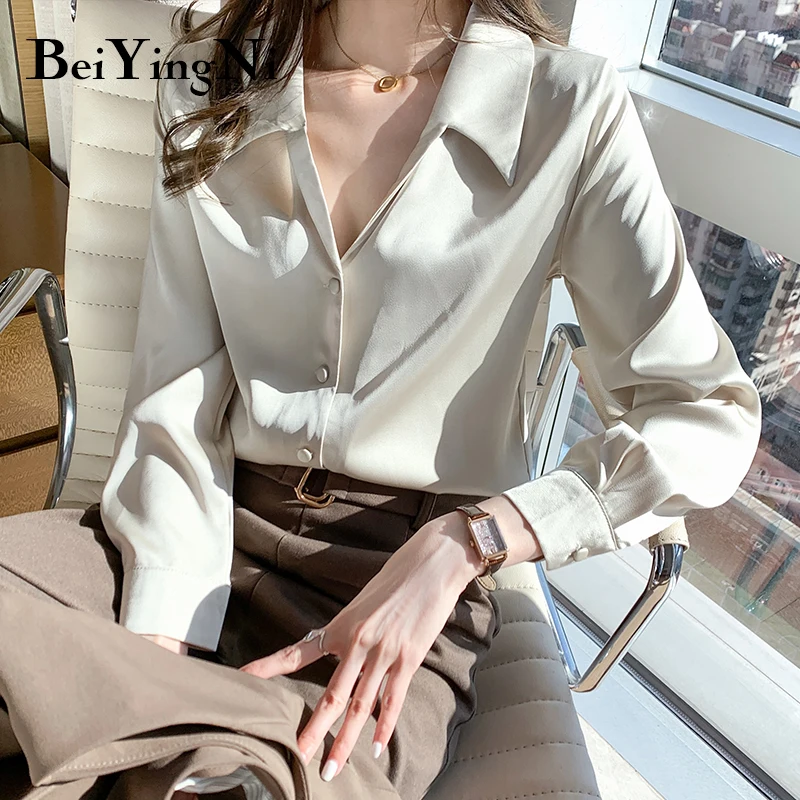 

Beiyingni French Sexy V-neck Shirts Women Solid Slim Elegant Satin Buttons Vintage Loose Leisure Blouses Female Basic Blouse OL