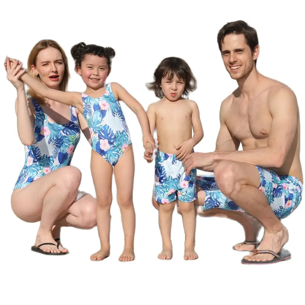 

Blue Floral Family Matching Swimsuit Mother and Daughter Swimwear Father Son Beach Shorts for Men or Boys Baby Bathing Clothes