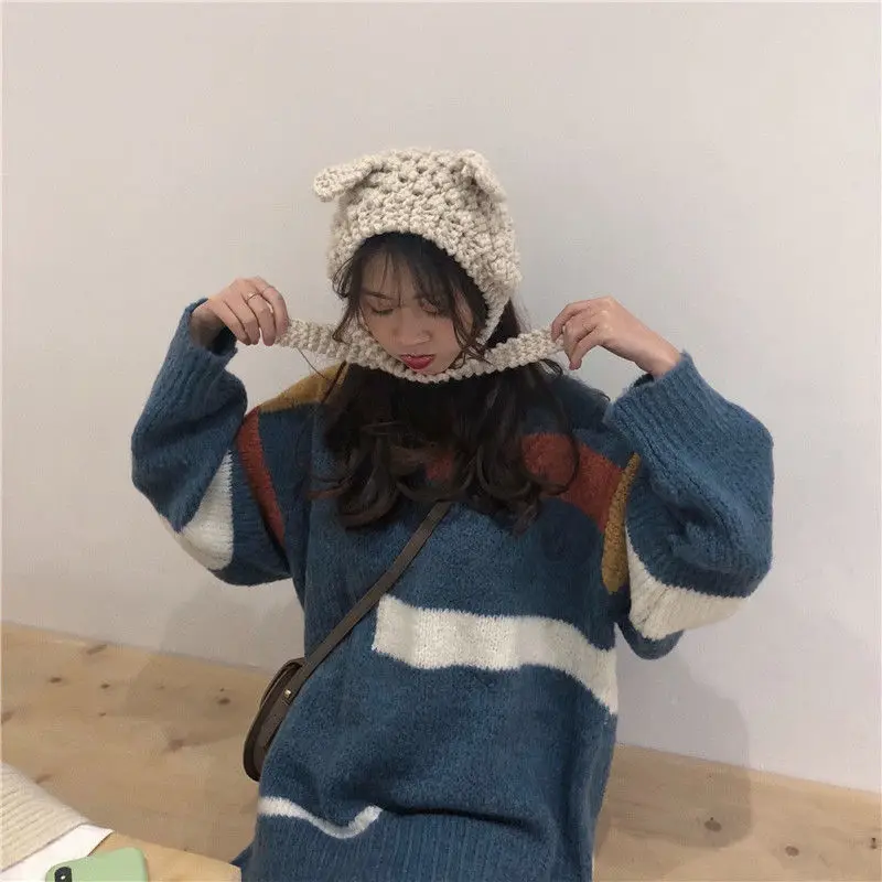 

Autumn and winter new Harajuku style Korean splicing stripe medium length Pullover Sweater for female students