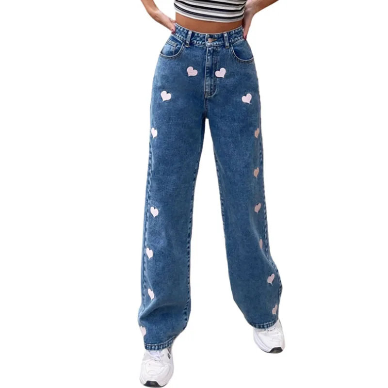 

Summer y2k Vintage Heart Shape Print Jeans Wide Leg jean femme Loose Straight Black Denim Pants Fashion traf pantalones de mujer