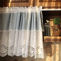 Blue Striped white Lace Hem Coffee Curtain for Kitchen Cabinet Door Bookshelf Half-curtain Short Double Layer Design
