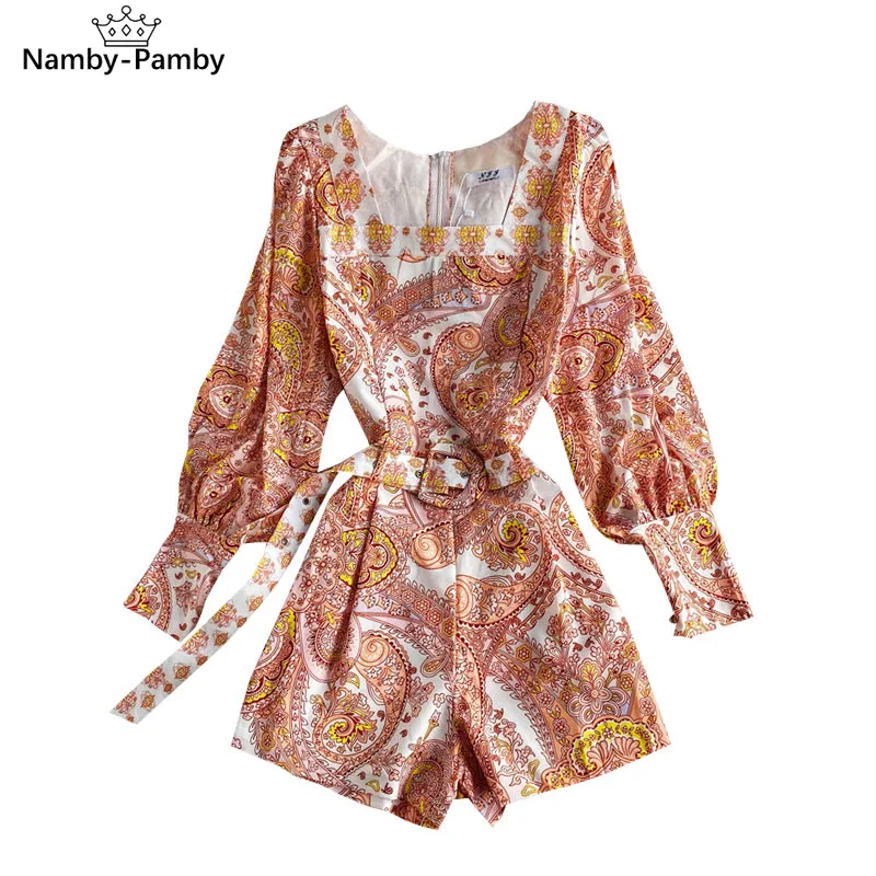 

Spring Autumn New Square-neck One-piece Women's Trousers Ethnic Style Printed Lantern Sleeves Lace Up Thin Wide-leg Pants UK628