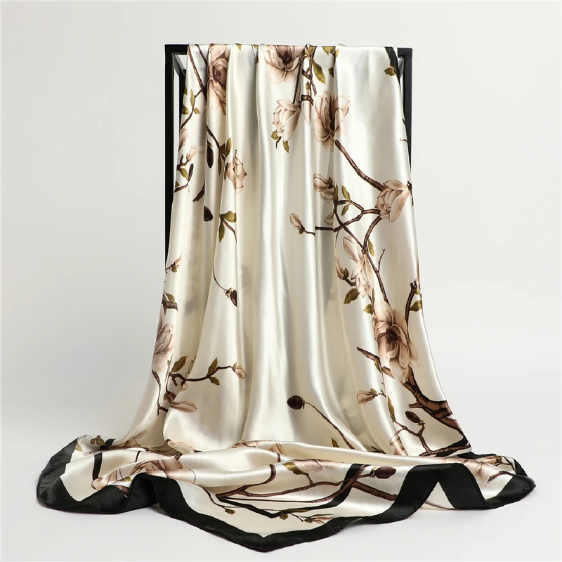 Vintage Flowers Square Scarf For Women Silk Shawls Neckerchief Female Print Headband On the Head Wraps Foulard Hijab Hair Bands| |