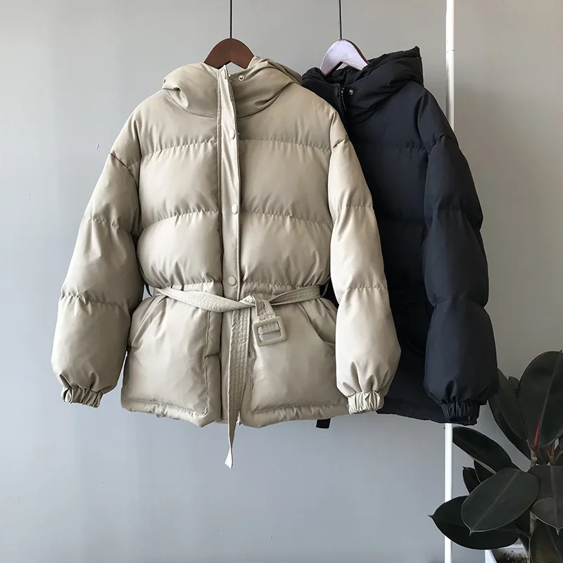 Женская куртка с капюшоном свободная хлопковая поясом зима 2019|Женские парки| |