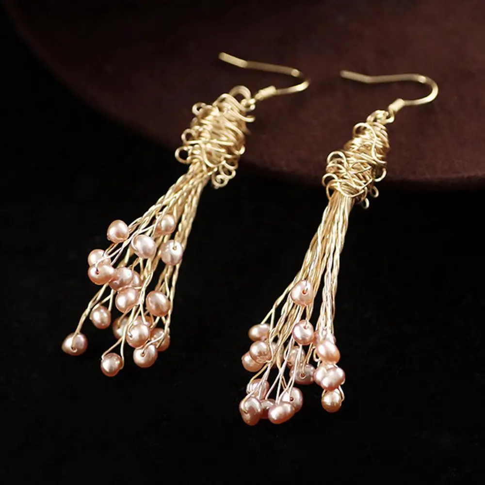 Серьги-ветки с натуральным пресноводным жемчугом 14 золотых плиссированных