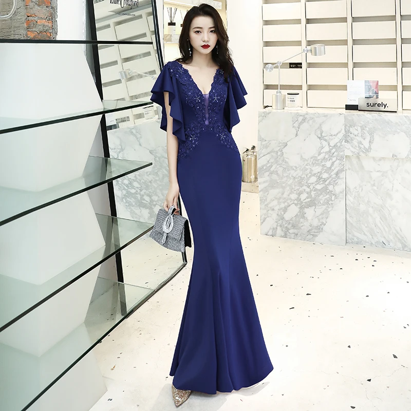 

Flare Sleeve Evening Dress Bodycon Dress Stretches Fabric Dresses Woman Party Night Prom Mermaid Gown Mesh Appliques Robe Longue
