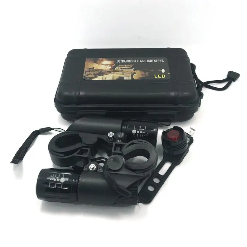 

2Pcs Bike Bicycle Zoomable Torch Front Light+Tail light Set Waterproof Road MTB Mountain Bike Rear Light Cycling Lamp Flashlight