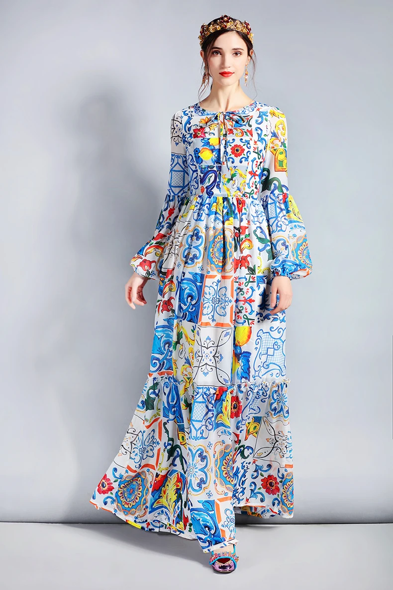 

Fashion Designer Maxi Dress 5XL Plus size Women's Long Sleeve Boho Colorful Flower Print Casual Long Dress
