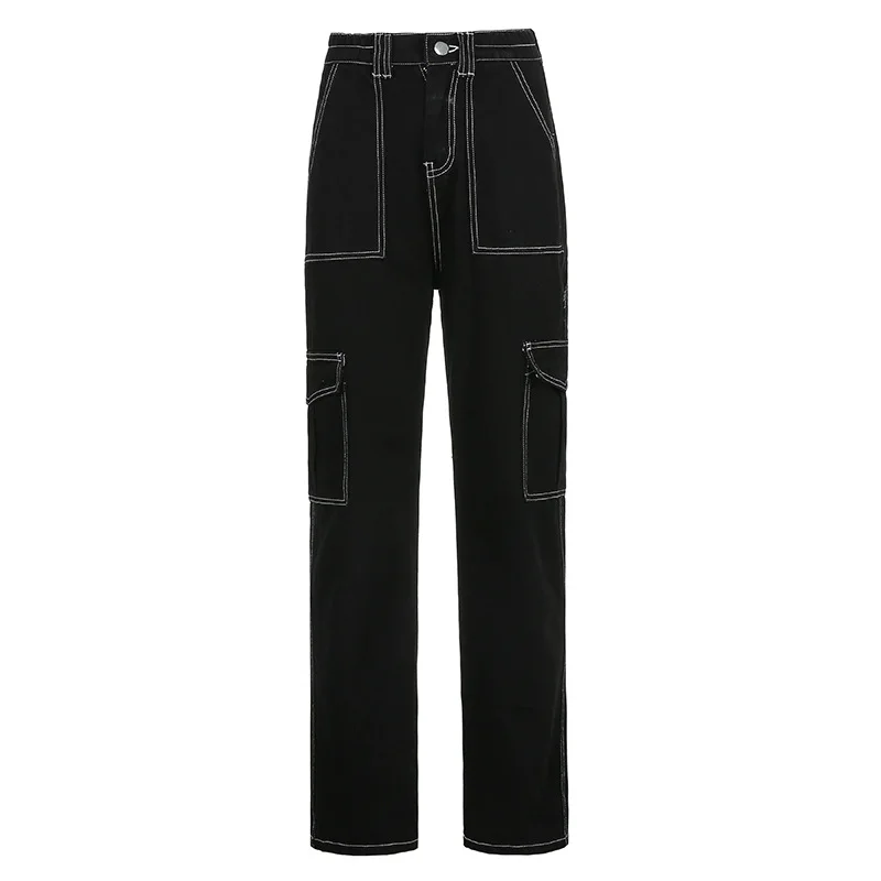 

2021 Spring Autumn Women Black Jeans Fashion Pockets Streetwear Cotton High Waist Straight Denim Trouser Loose Pants Harajuku