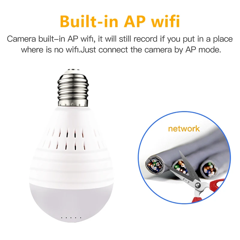 Лампа с Wifi мини-камерой 960 P, беспроводная ip-камера для домашней безопасности, панорамная камера рыбий глаз с углом обзора 360 градусов, камера с датчиком движения