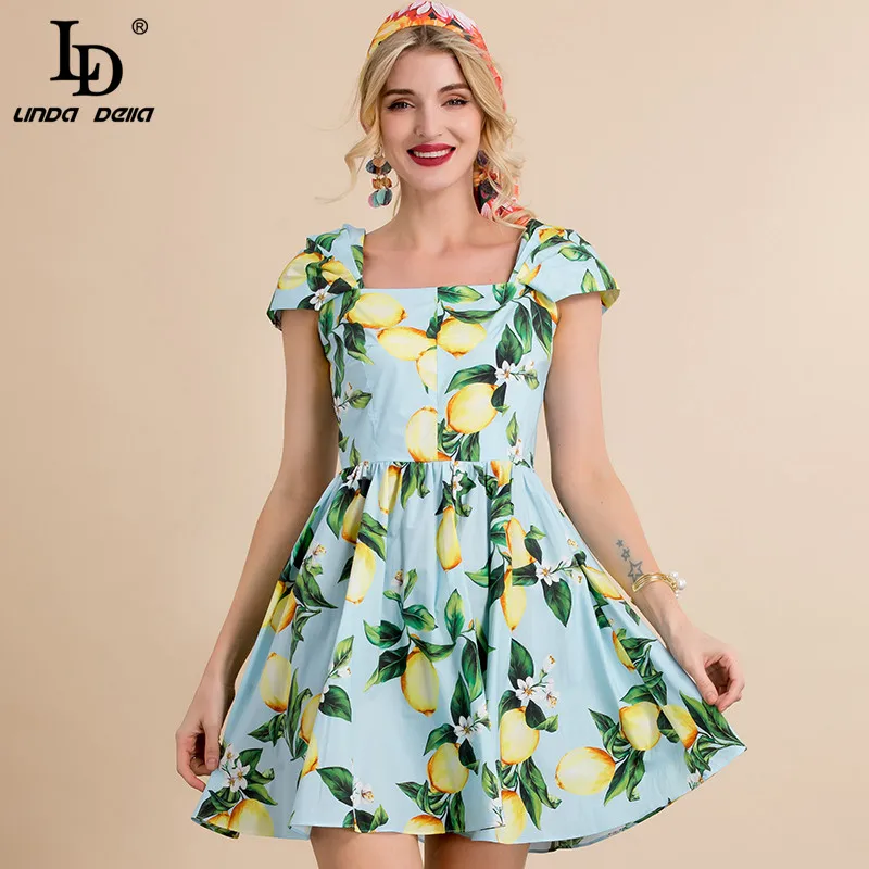 

LD LINDA DELLA Fashion Runway Summer Cotton Dress Women Spaghetti Strap Beach Holiday Lemon Flower Print Elegant Short Dress