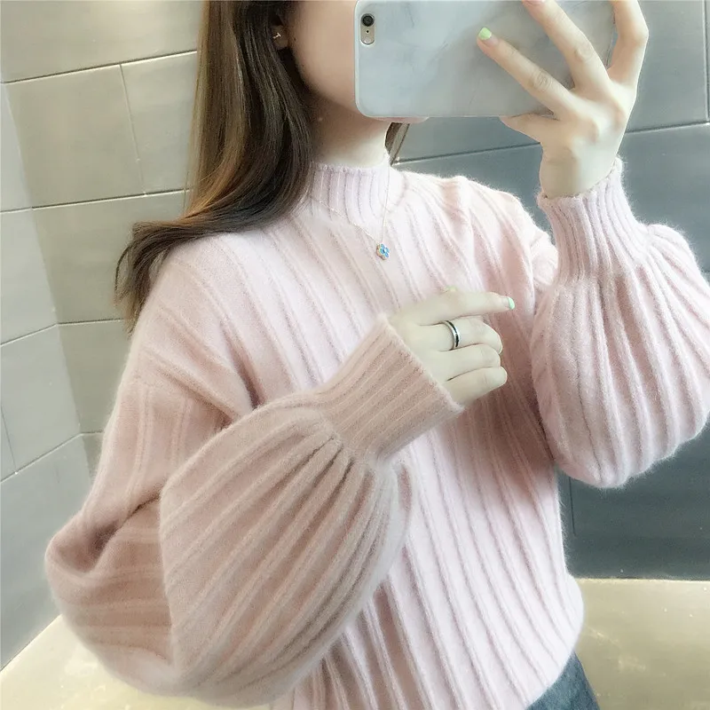 

2020 Vintage Women Sweater Lantern Sleeve Turtleneck Pullover Knitting Sweaters 2020 Fashion Korean New Tide Sweaters