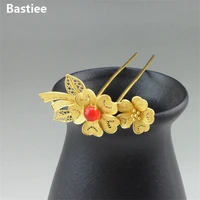 bastiee red beads flower 999 sterling silver hmong hair fork for women golden plated luxury hair stick miao jewelry