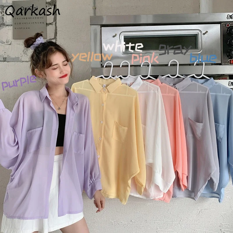 

Женские солнцезащитные рубашки ярких цветов, летние модные тонкие женские блузы Ulzzang, базовые свободные шифоновые Повседневные однотонные ...